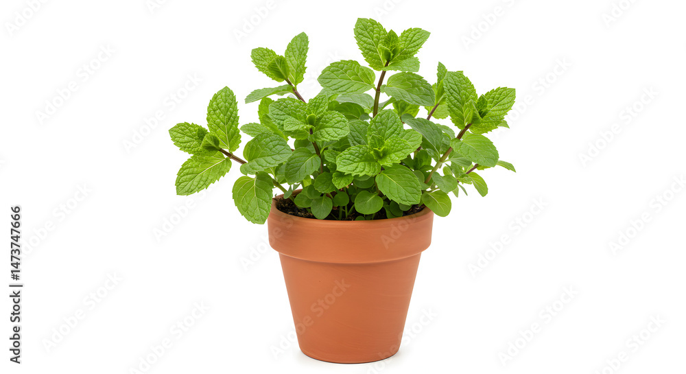 Fototapeta premium Fresh Mint Plant in Terracotta Pot, Isolated on White