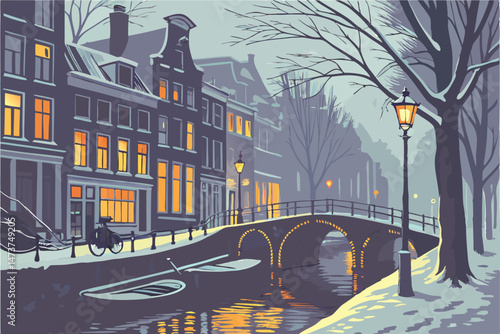 71 a snowy winter street in Amsterdam, canals with boats, dimly lit buildings with colorful lights, atmospheric fog, cozy European cityscape, cinematic and moody lighting, detailed architecture, reali