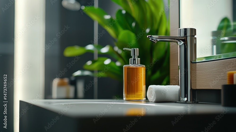 Stylish bathroom with a modern faucet and amber liquid soap beside a fresh green plant. Stylish bathroom with a modern faucet and amber liquid soap beside a fresh green plant.