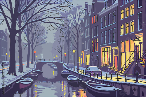 71 a snowy winter street in Amsterdam, canals with boats, dimly lit buildings with colorful lights, atmospheric fog, cozy European cityscape, cinematic and moody lighting, detailed architecture, reali