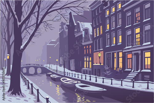 71 a snowy winter street in Amsterdam, canals with boats, dimly lit buildings with colorful lights, atmospheric fog, cozy European cityscape, cinematic and moody lighting, detailed architecture, reali