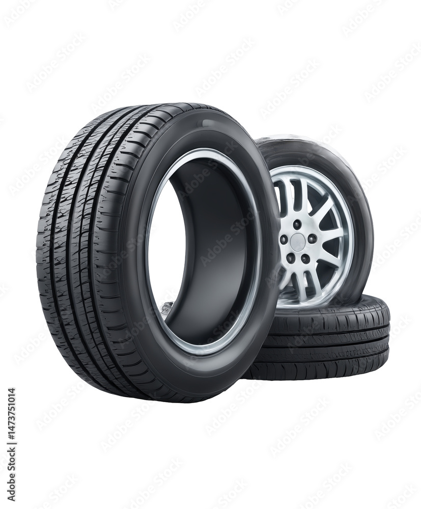 Obraz premium Set of new black car tires with deep tread and silver alloy rims arranged on a seamless white background with soft shadows. Concept of automotive maintenance and vehicle safety