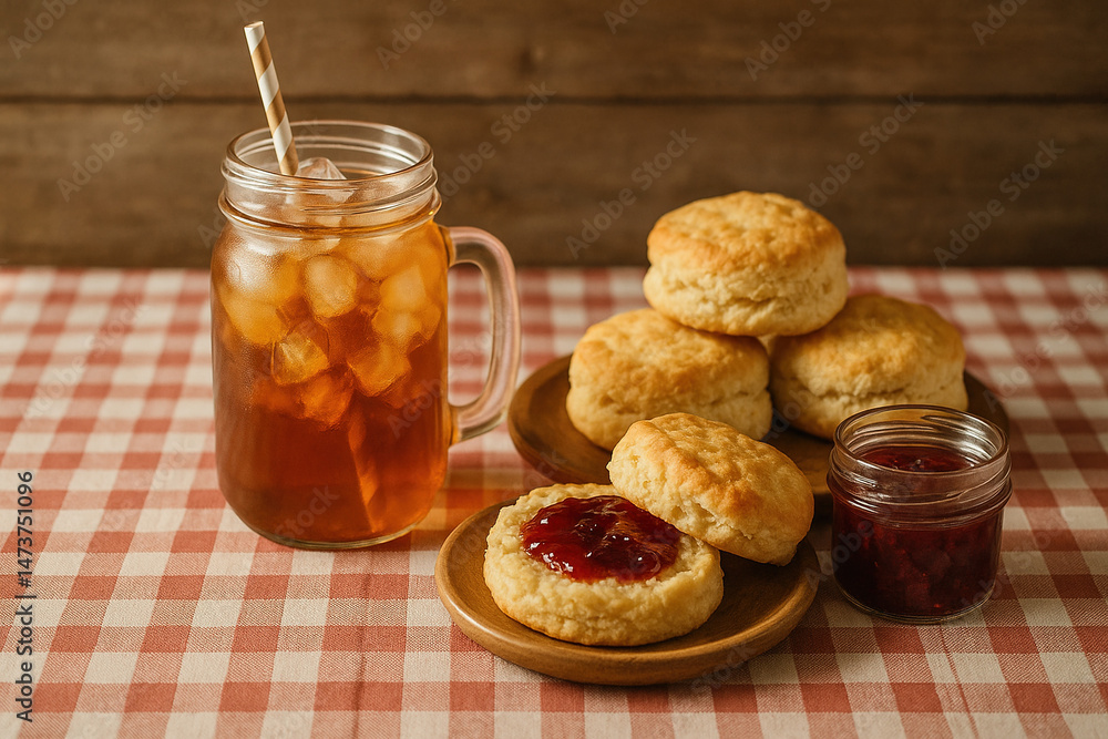 Rustic setting with a mason jar of sweet iced tea Rustic setting with a mason jar of sweet iced tea