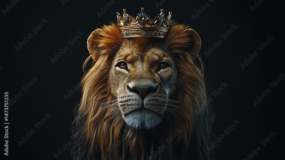 Fototapeta premium A majestic lion proudly wears a golden crown. The regal image depicts a lion in a symbolic royal headpiece.