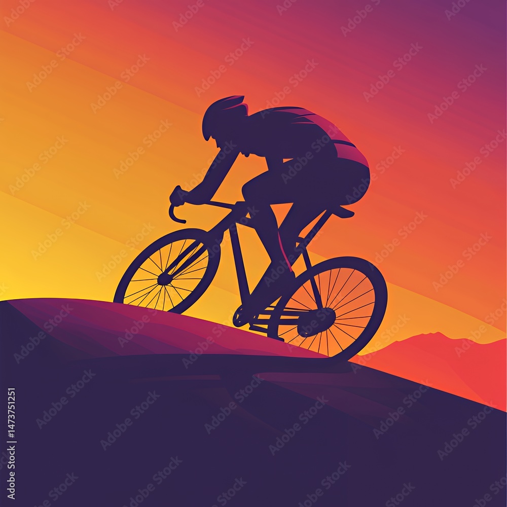 Obraz premium Silhouette of a cyclist conquering a hill at sunset.