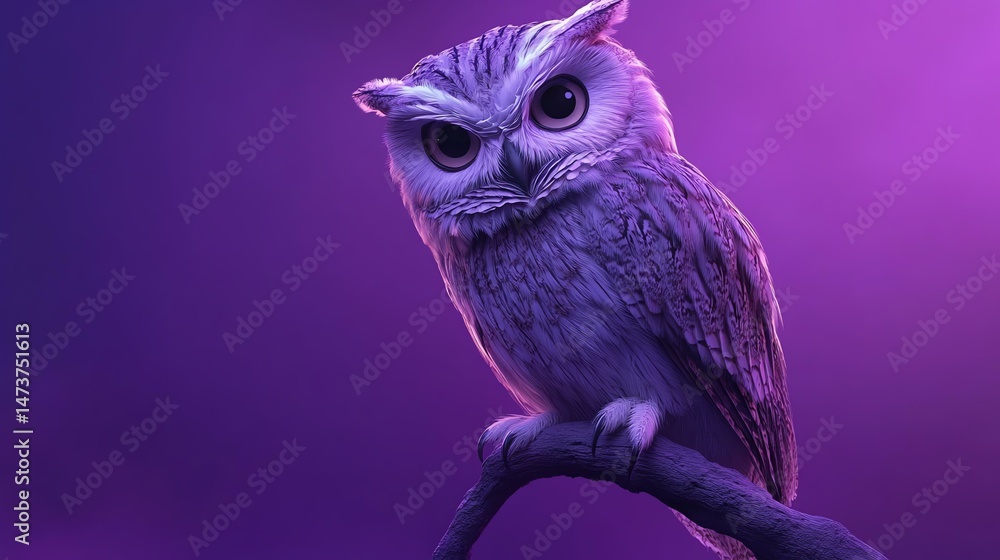 Obraz premium An owl perches on a branch against a vibrant purple background.