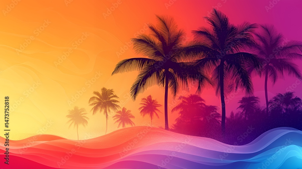Vibrant sunset with silhouettes of palm trees against a colorful gradient sky. Vibrant sunset with silhouettes of palm trees against a colorful gradient sky.