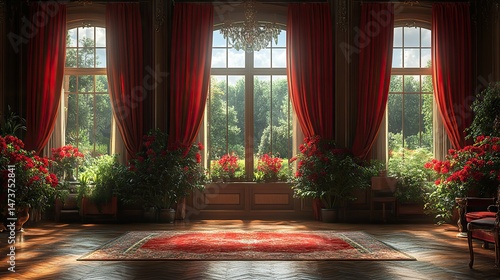 Crimson velvet drapes elegantly across a grand window, its rich texture adding a touch of luxury and opulence to the room, a symbol of comfort and refinement