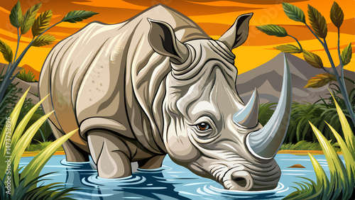 portrait Closeup on an endangered white rhinoceros (Ceratotherium simum) drinking water, South Africa  Very beautiful