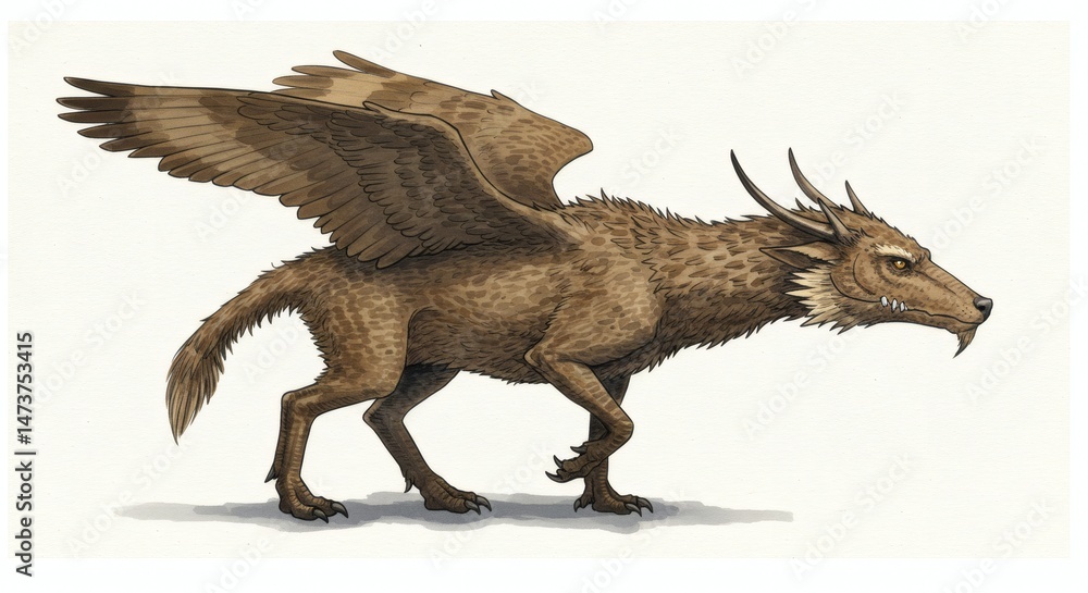 Fototapeta premium Antlered canid with wings strides forward