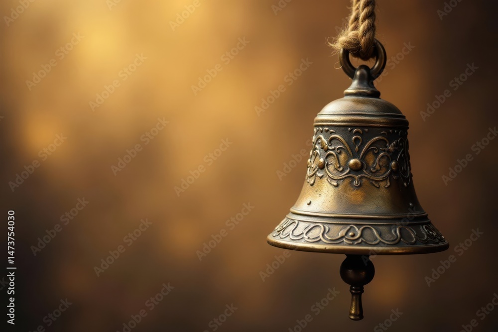 Obraz premium Ornate bronze bell hanging from a rope against a blurred brown background