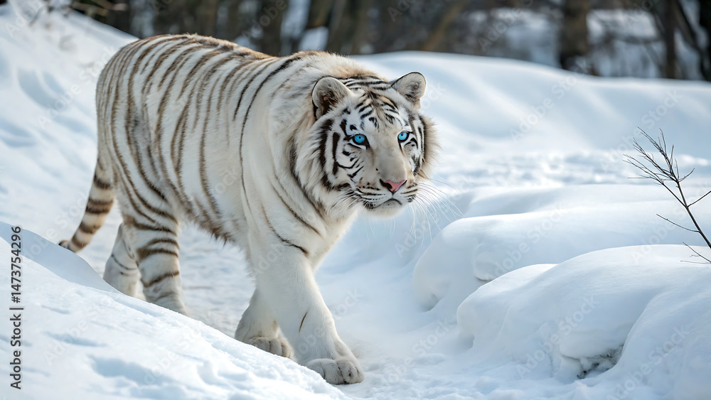 Obraz premium A white tiger lying on a snowy hill with distant blue mountains.