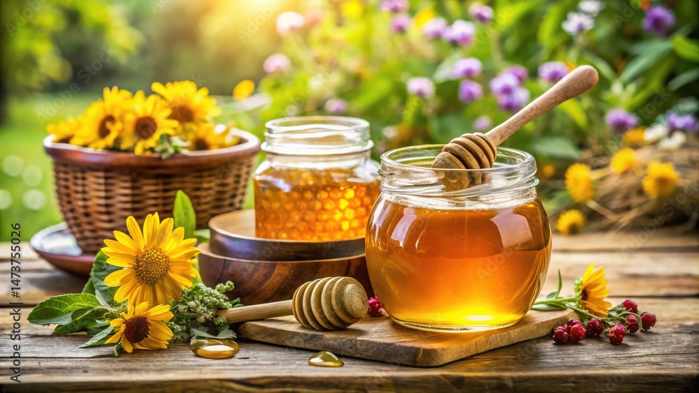 Golden honey with honey dipper and sunflowers on a rustic wooden table in sunlight Golden honey with honey dipper and sunflowers on a rustic wooden table in sunlight
