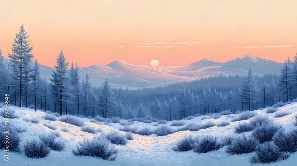 custom made wallpaper toronto digitalSunset over a serene winter forest with snow-covered trees and gentle hills