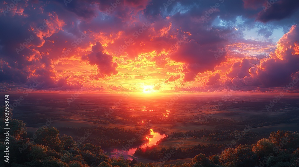 Obraz premium Dramatic clouds at sunset, painted in fiery shades of orange, red, and purple, stretch across the horizon, casting long shadows over a peaceful, rolling landscape below