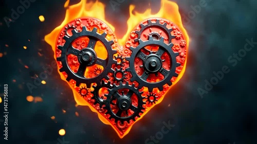 A fiery heart of gears ignites with passionate intensity, symbolizing the powerful fusion of love and mechanics.