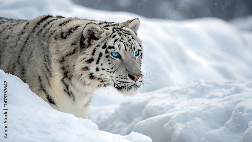 Obraz premium A white tiger lying on a snowy hill with distant blue mountains.