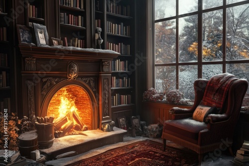 Cozy winter library scene by the fireplace.