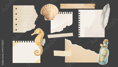 Vintage sea themed paper stickers with shells and seahorse decor