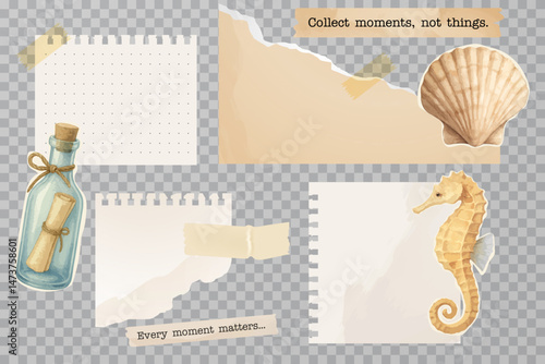 Transparent summer scrapbook elements with quotes and ocean decorations