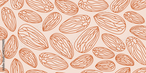 Seamless pattern of almond illustrations in orange line art over a soft beige background, ideal for natural, organic themes