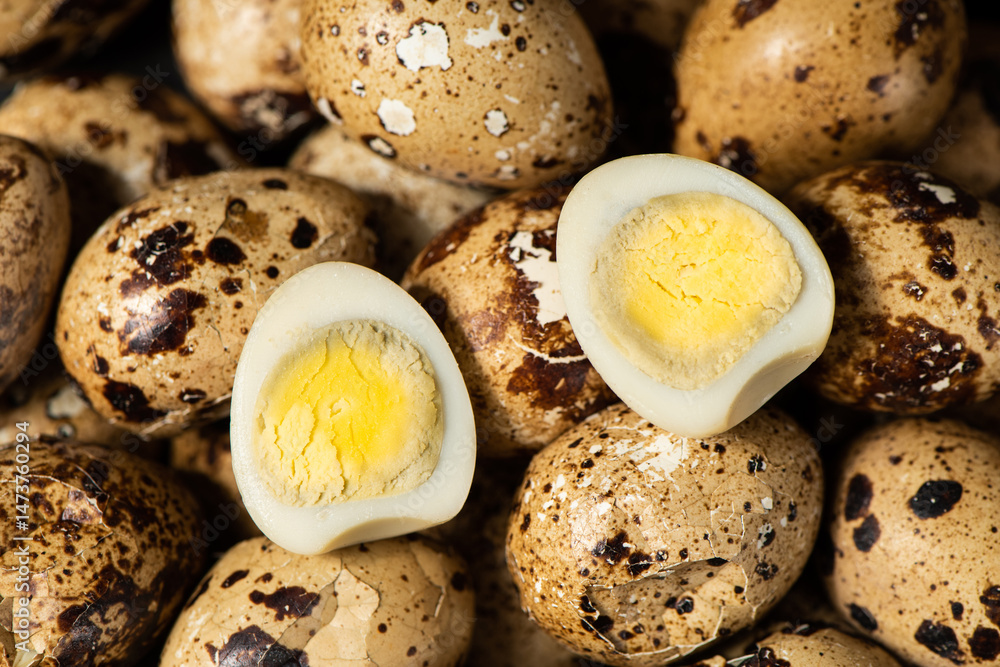 colseup of cooked quail eggs background.