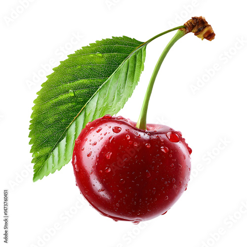 Single red cherry with green leaf water drops isolated food ripe life on transparent background