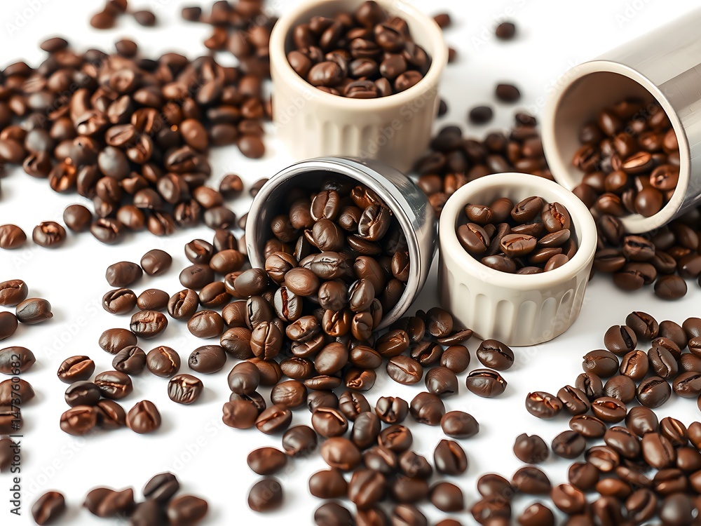 Fototapeta premium Roasted Coffee Beans Spilled from Containers on White Background