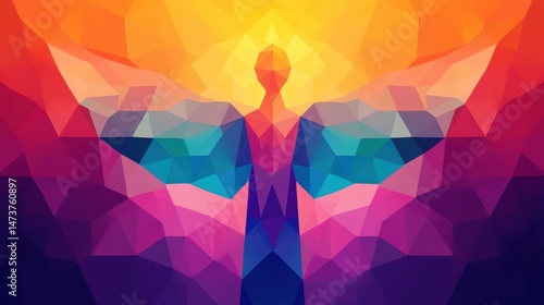Abstract geometric figure with wings, radiating vibrant colors from purple to yellow in a polygonal style.