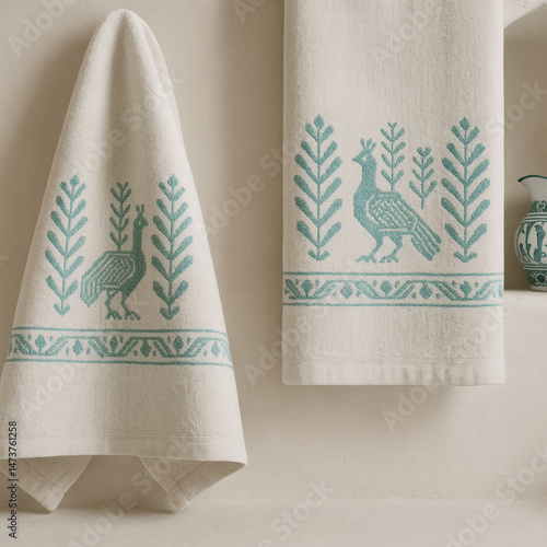Close-Up of Sardinian Embroidered Towels in Mediterranean Bathroom with Ceramic Accent