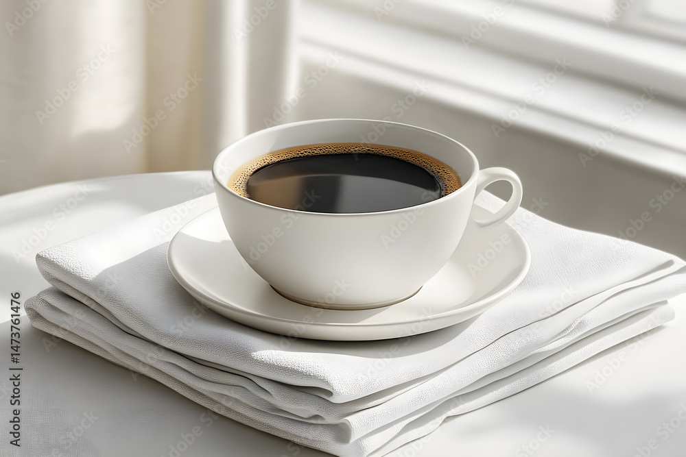 cup of black coffee in a simple ceramic cup and saucer, placed atop a folded white linen napkin cup of black coffee in a simple ceramic cup and saucer, placed atop a folded white linen napkin