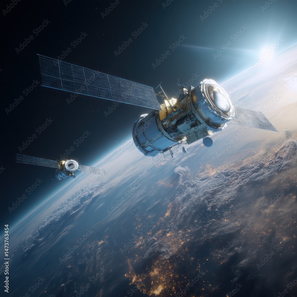 Fototapeta premium AI in space exploration with intelligent satellites collecting data from distant planets and stars.