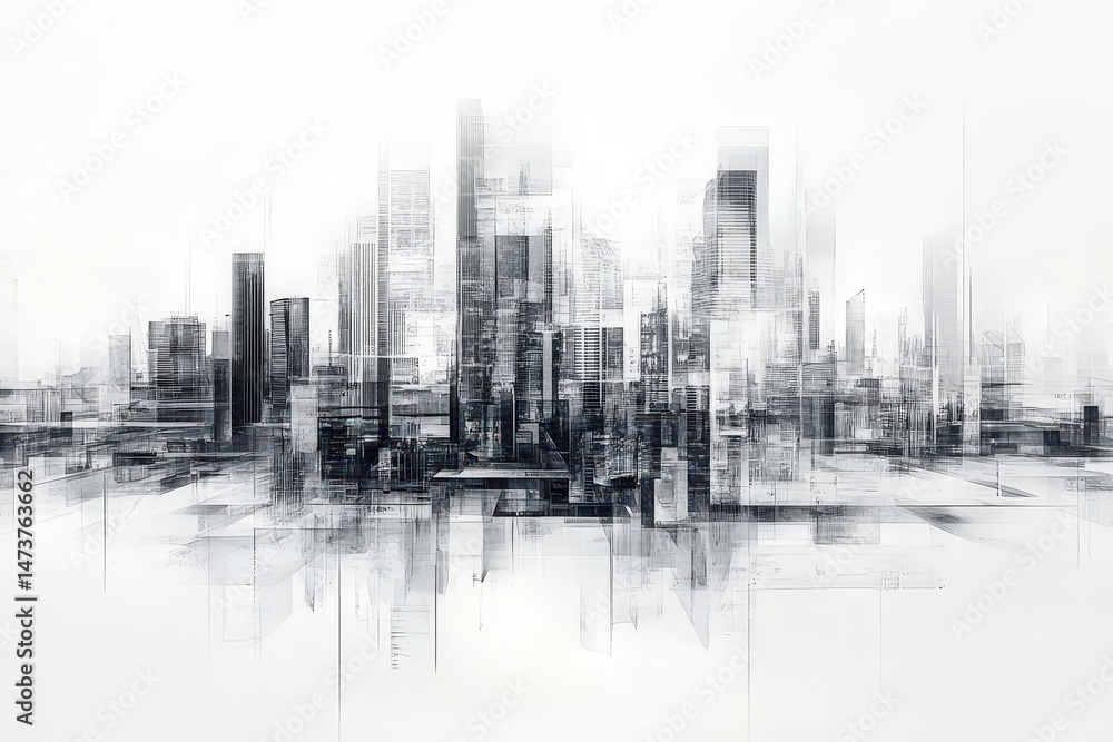 Fototapeta premium Abstract cityscape drawing in shades of gray and black.
