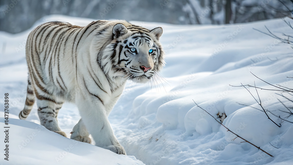 Obraz premium A white tiger lying on a snowy hill with distant blue mountains.