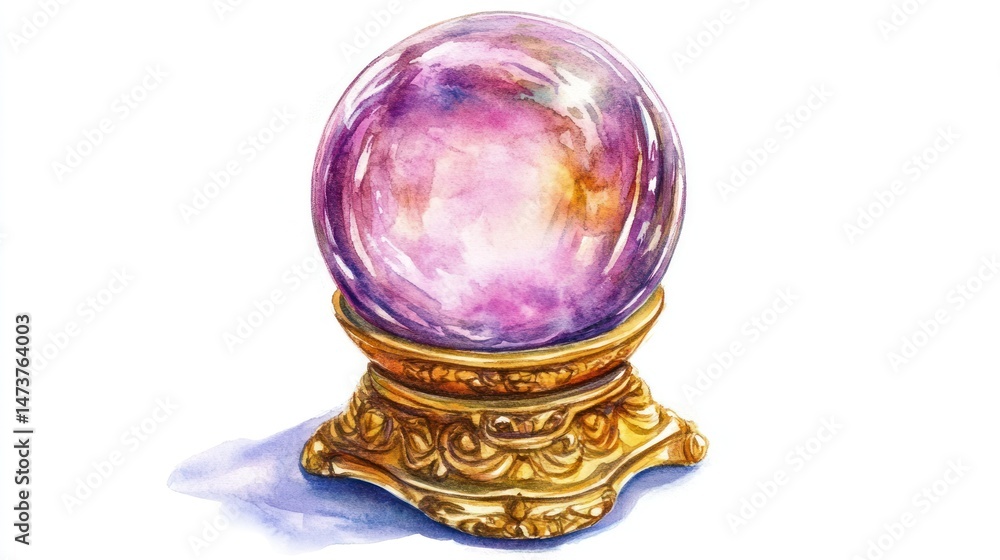Watercolor crystal ball on golden stand Watercolor crystal ball on golden stand