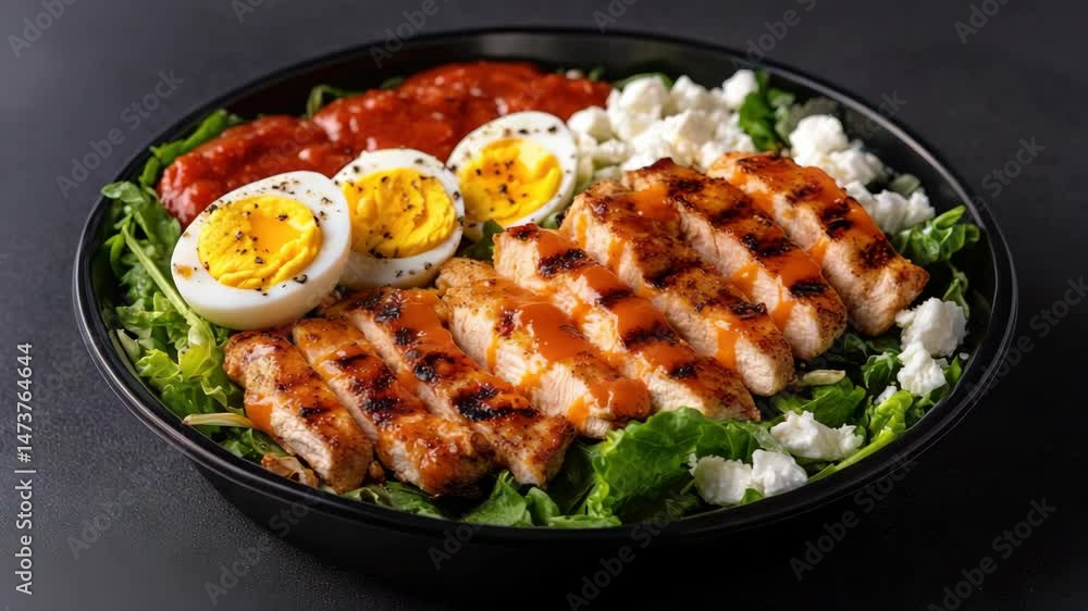 Nutritious grilled chicken salad with boiled eggs, fresh greens, and tangy sauce topped with cheese for delicious and healthy meal option. Nutritious grilled chicken salad with boiled eggs, fresh greens, and tangy sauce topped with cheese for delicious and healthy meal option.