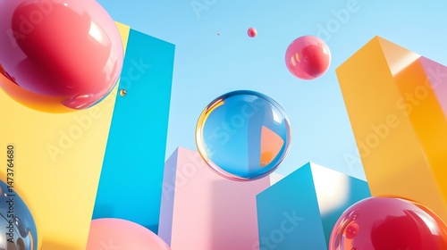 The photo features a vibrant, abstract background filled with numerous colorful spheres of varying sizes. It creates a dynamic and visually rich composition.