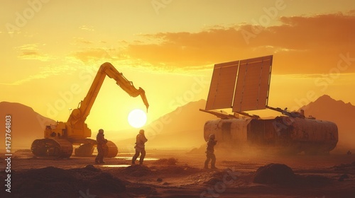 Wallpaper Mural Futuristic Mining Operation on Extraterrestrial Planet: Robotic Excavator and Human Workers in Alien Landscape. Torontodigital.ca