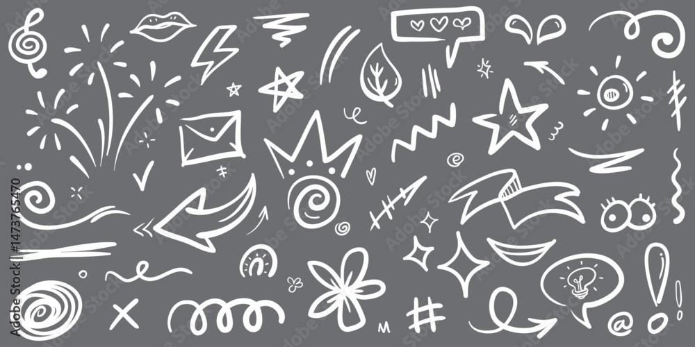 Doodle set of hand-drawn cartoony expression sign doodle, curve directional arrows, emoticon effects design elements, cartoon character emotion symbols, cute decorative brush stroke lines. Doodle set of hand-drawn cartoony expression sign doodle, curve directional arrows, emoticon effects design elements, cartoon character emotion symbols, cute decorative brush stroke lines.