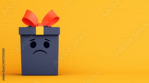 A dark gift box with a sad face and red ribbon sits against a bright yellow background.