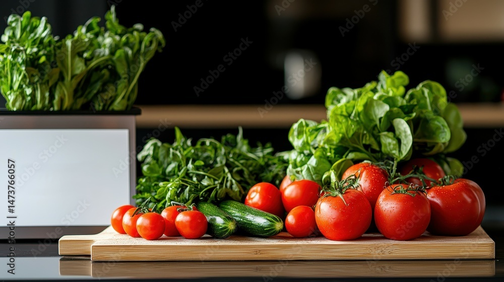 Fresh vegetables including tomatoes, cucumbers, and leafy greens on a kitchen countertop. Fresh vegetables including tomatoes, cucumbers, and leafy greens on a kitchen countertop.