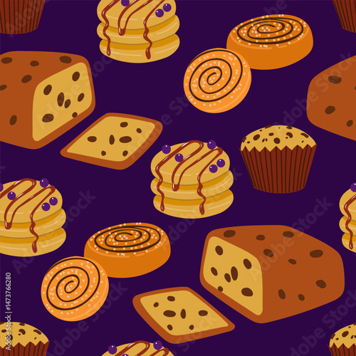 Seamless Pattern with Pastries and Cupcakes, Flat Vector on Dark Background