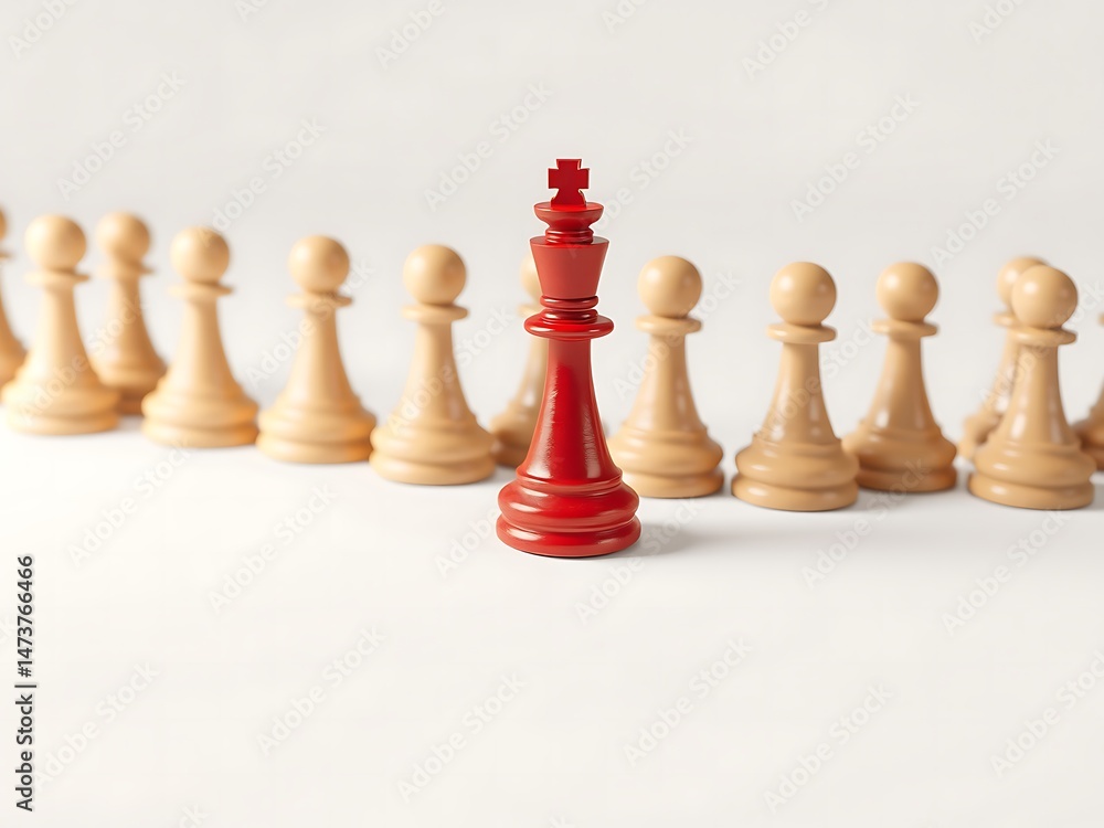 Red Chess King Standing Out Among Beige Pawns on White Background Red Chess King Standing Out Among Beige Pawns on White Background