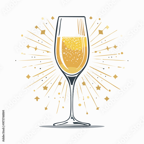 Sparkling Effervescence: a single champagne flute, filled with golden liquid, bubbles and glitter in the celebratory illustration, a visual representation of joy and festivity