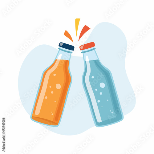 Celebration Toast with Soft Drinks: Two vibrant soda bottles clink in a cheerful toast, an inviting image for gatherings, capturing festive mood
