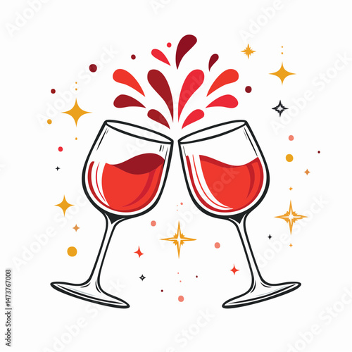 Cheers to the Moment: Two elegant glasses of ruby-red wine, poised in a celebratory toast, release a cascade of vibrant splashes, under a sprinkle of radiant stars.