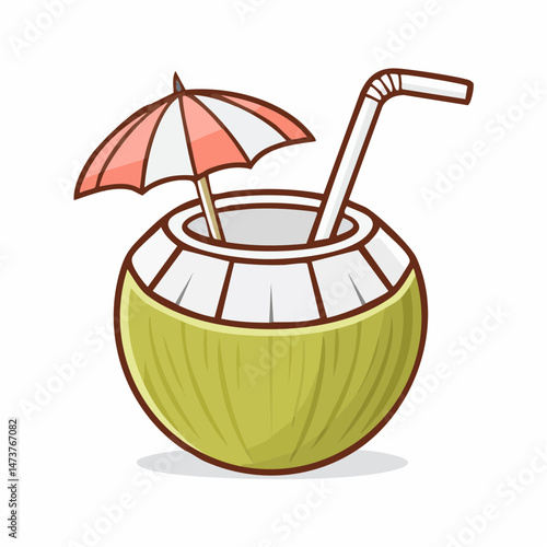 Tropical Delight: A refreshing coconut drink, artfully presented with a charming umbrella and a straw, captures the essence of relaxation and the vibrant spirit of a sunny getaway.