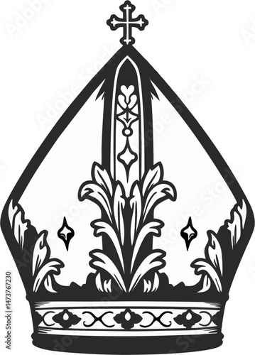 Floral Papal Mitre Vector Illustration in Black and White – Decorative Catholic Bishop Hat with Cross and Ornamental Line Art