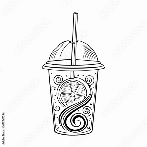 Zesty Sip: Artistic sketch of a refreshing citrus-infused drink, a symphony of swirls and a straw invites you to an artful taste of refreshment