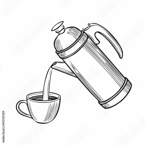 Coffee Pouring: A line art drawing of a coffee being poured from a elegant, vintage coffee pot into a ceramic cup.